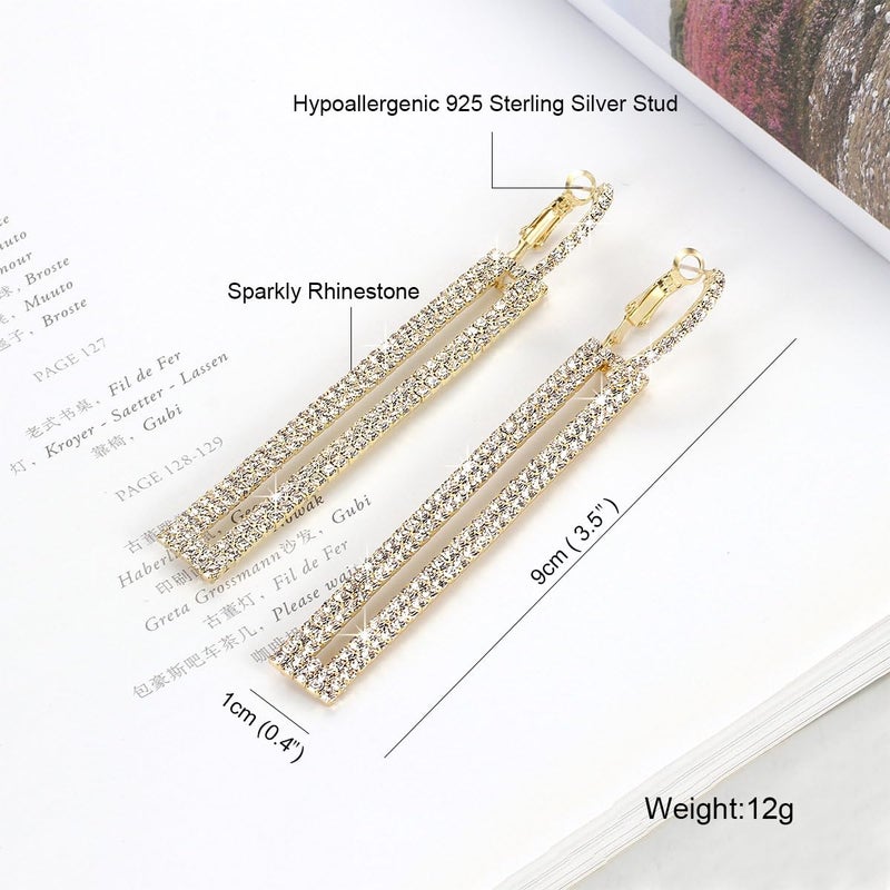 QJLE Geometric Rectangle Cubic Zirconia Rhinestone long Drop Dangle Earrings for women Hypoallergenic Pierced (Gold) - Image 5